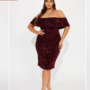 Velvet Sequin Midi Dress - Burgundy